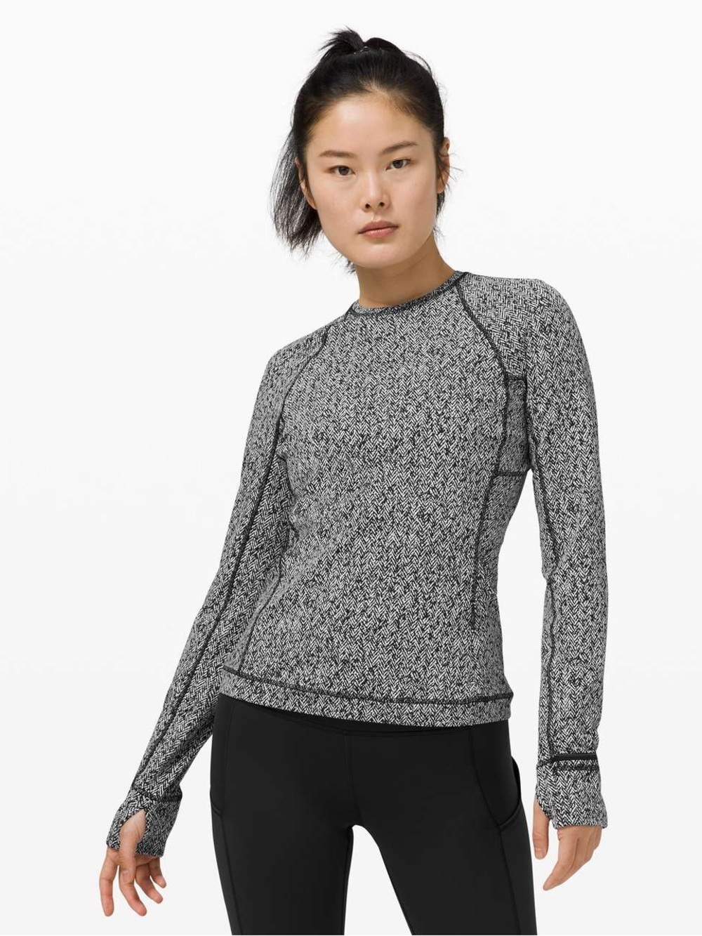 Lululemon Runderful Long Sleeve Scattered Herringbone Black White Size 8